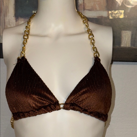 Brown Velvet Bikini Top with Gold Chain Straps - Picture 2 of 5